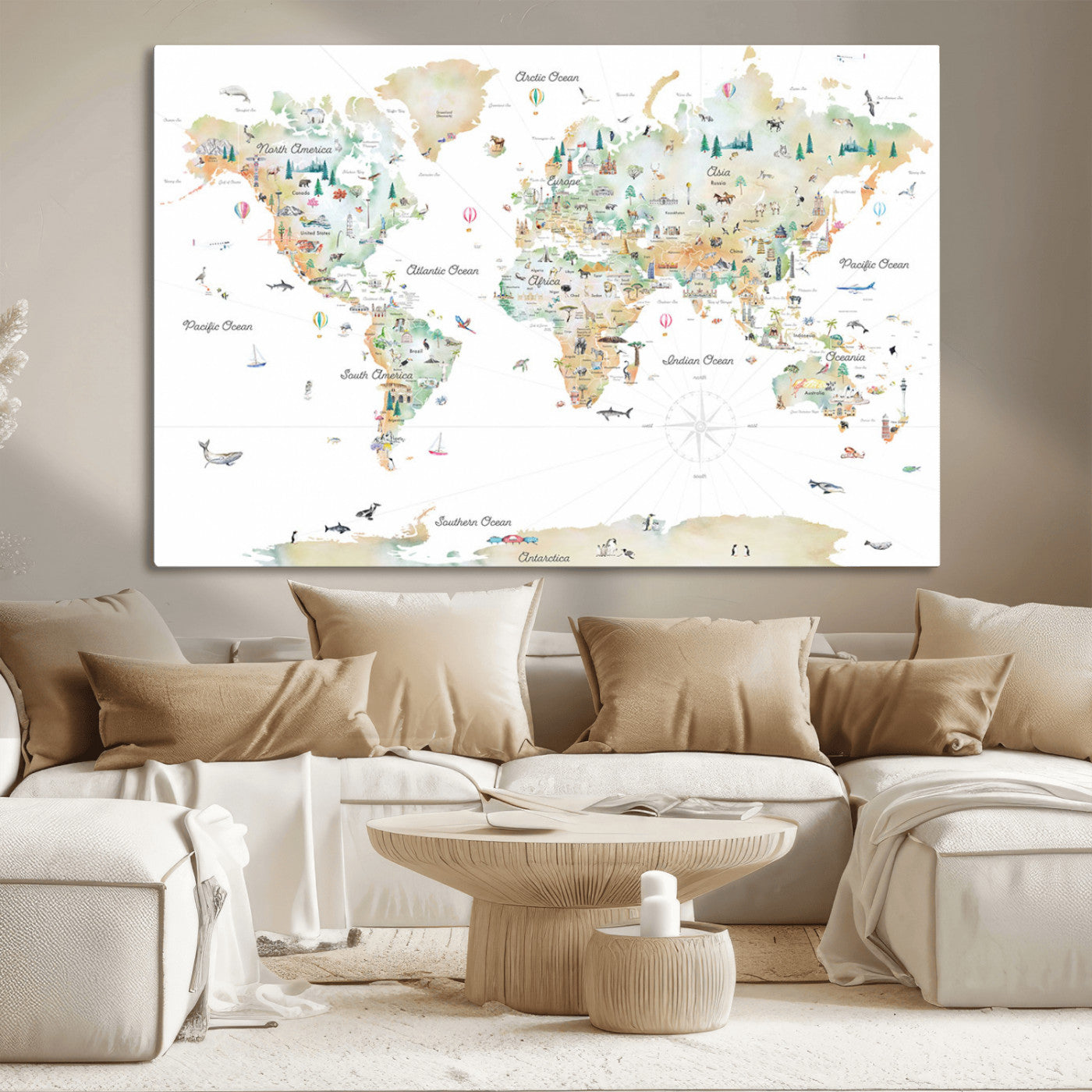 Animal World Map for Kids Room Decor