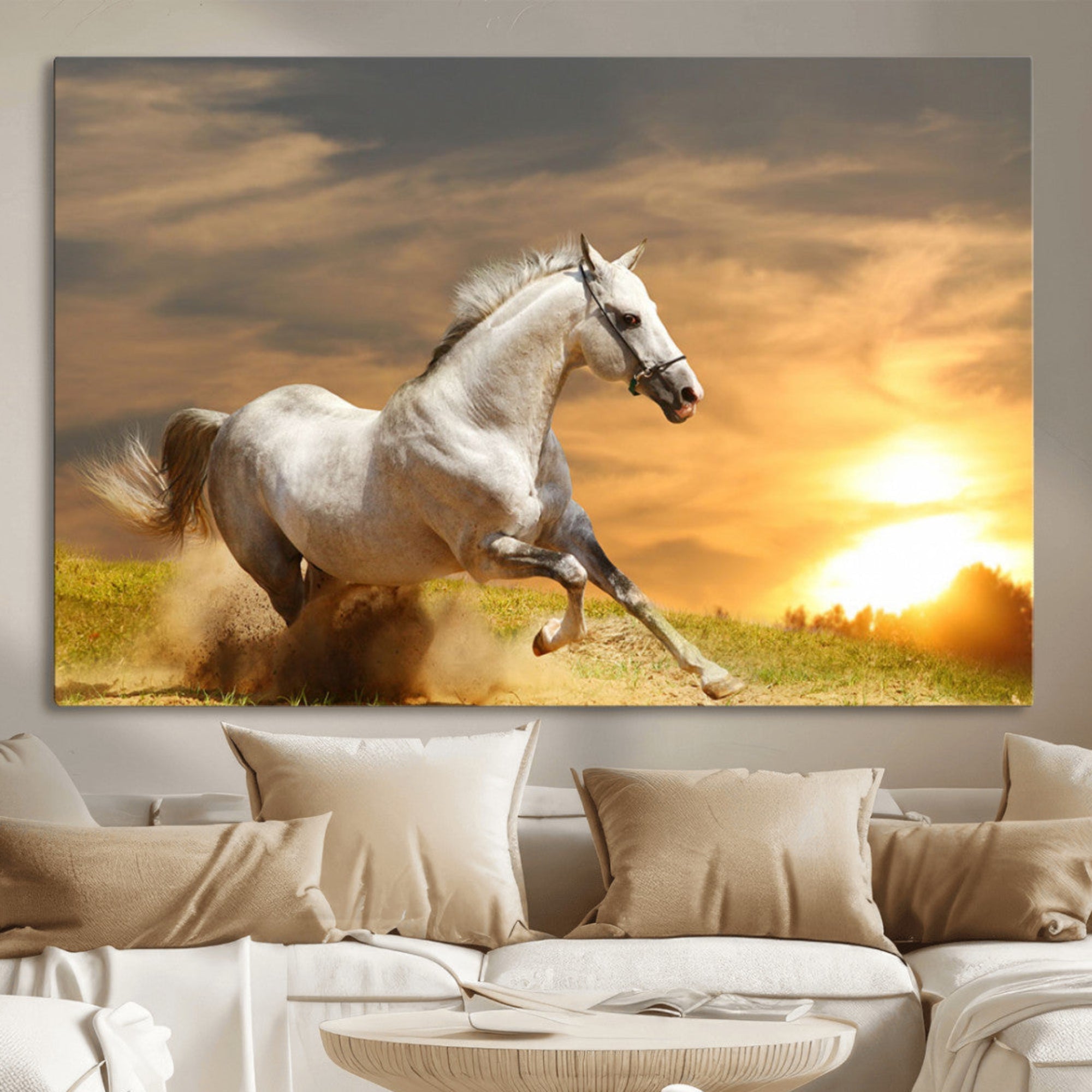 White Horse Running Canvas Sunset Wall Art