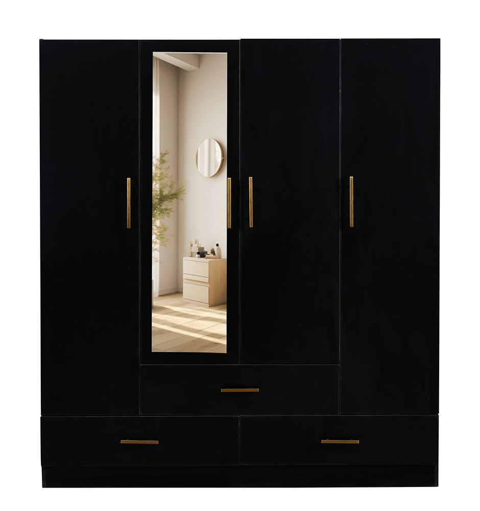 4-Door Wooden Armoire Wardrobe Closet with Mirror, Shelves & Hanging Rail | Black Large Capacity Clothes Storage - PRHOMZ