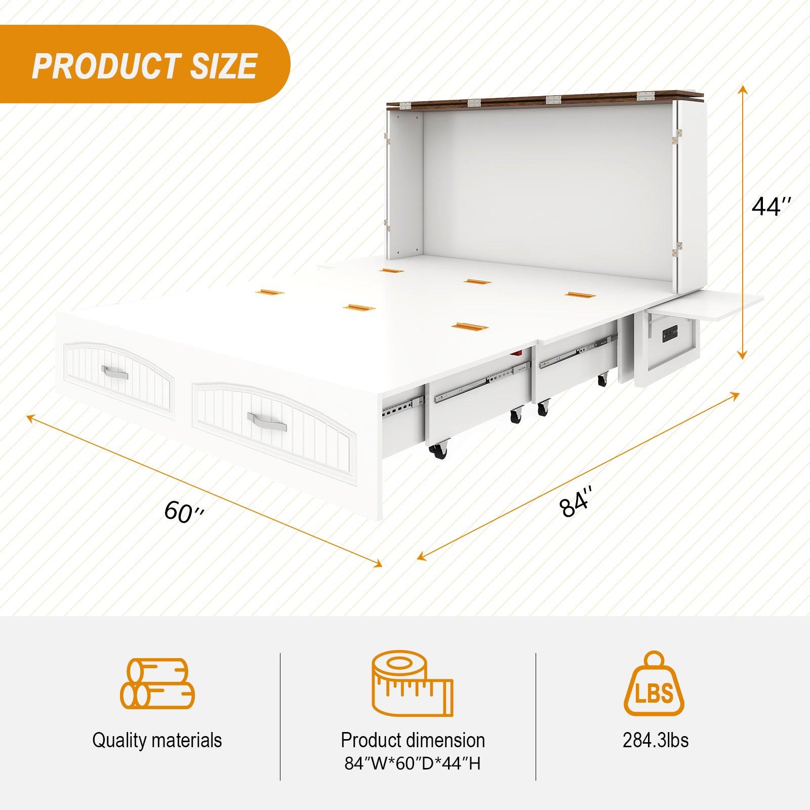 Queen Murphy Bed Cabinet with Storage, USB Ports & Drawer - PRHOMZ