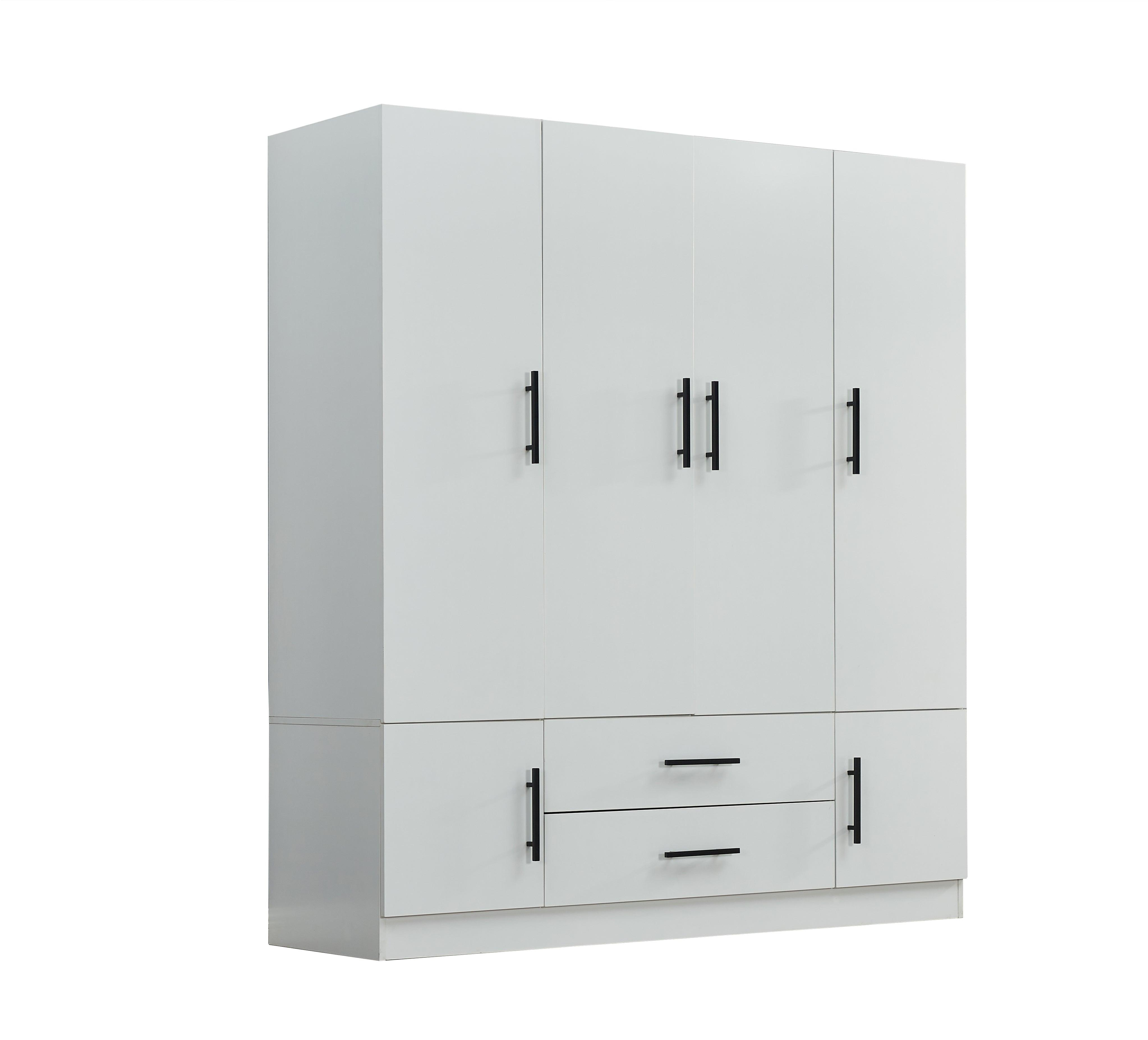 Spacious Armoire Wardrobe Closet with 4 Doors, 2 Hanging Rods & Drawers | White Wood Clothes Storage Cabinet - PRHOMZ