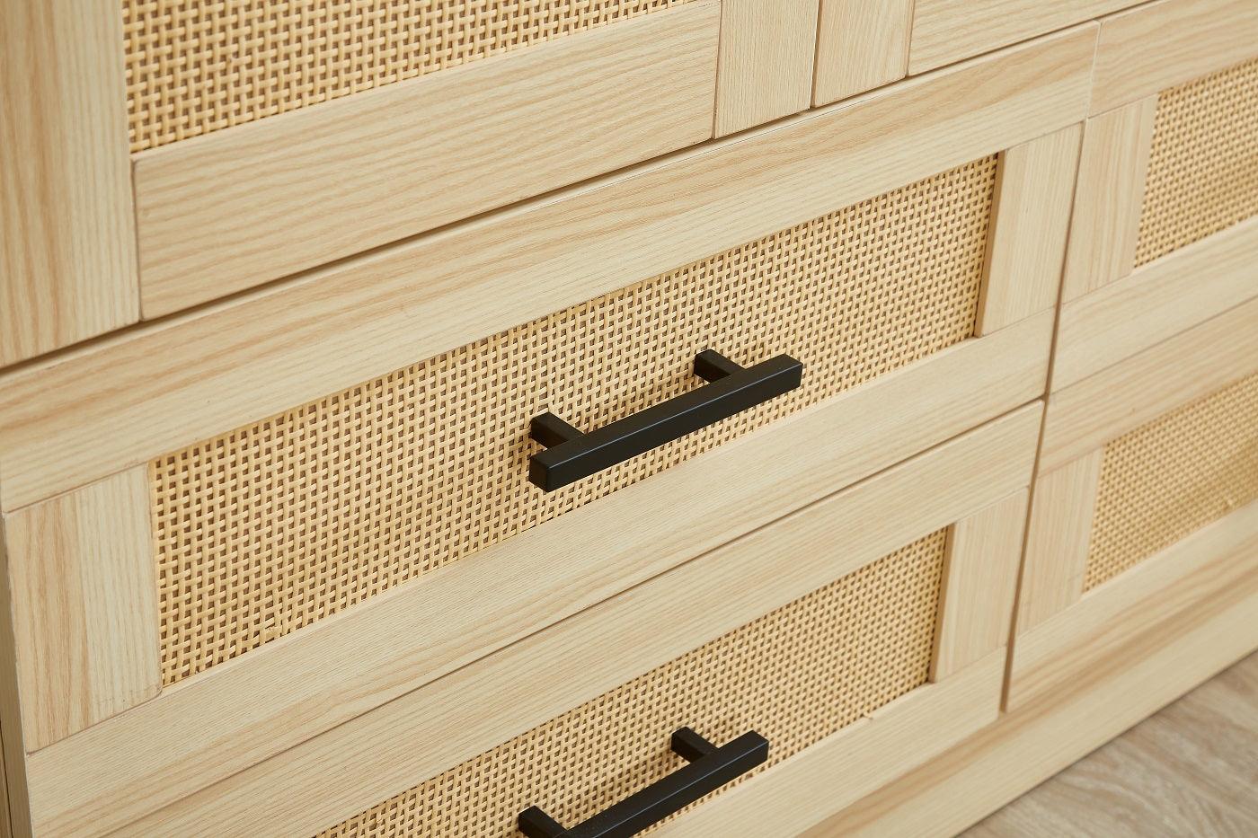 Rattan Wardrobe Closet with 3 Doors & Mirror | 71" H Wooden Armoire Cabinet with Hanging Rod for Bedroom - PRHOMZ