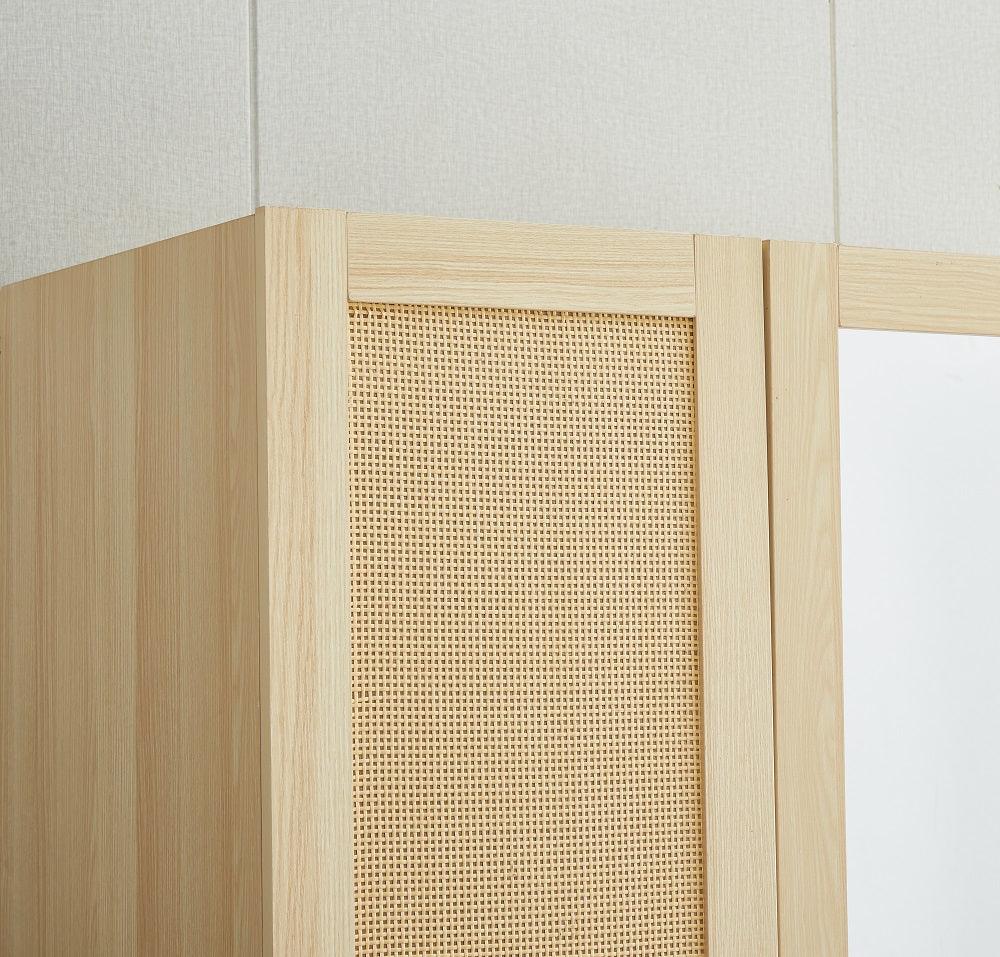 Rattan Wardrobe Closet with 3 Doors & Mirror | 71" H Wooden Armoire Cabinet with Hanging Rod for Bedroom - PRHOMZ