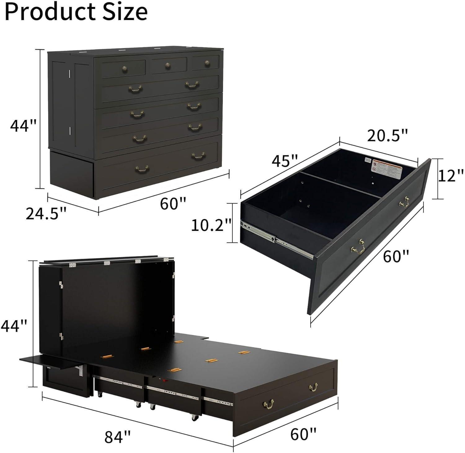 Black Full Murphy Bed Cabinet with Storage, Drawer & USB Charging Port - PRHOMZ