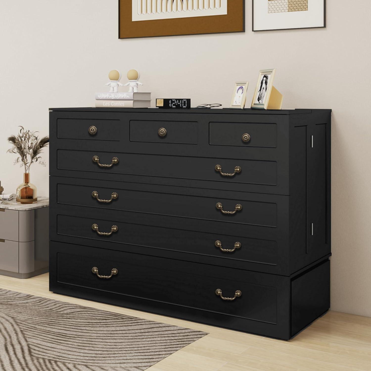 Black Full Murphy Bed Cabinet with Storage, Drawer & USB Charging Port - PRHOMZ