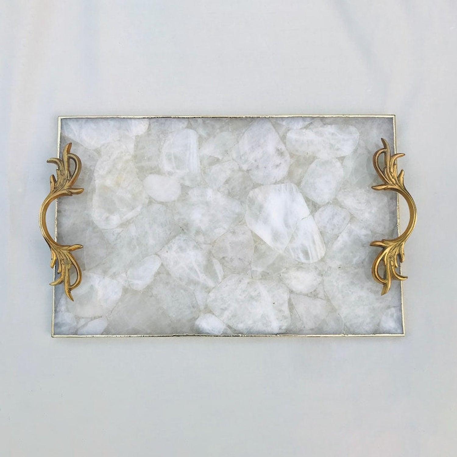 White Agate Serving Tray With Brass Handles - PRHOMZ
