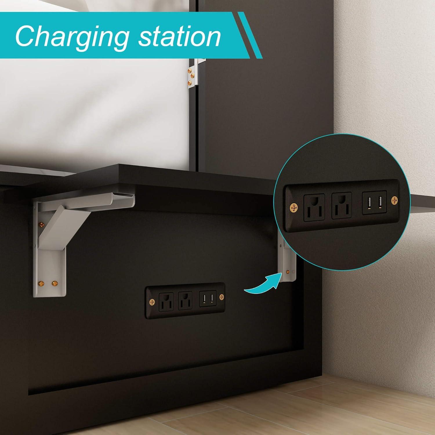 Black Full Murphy Bed Cabinet with Storage, Drawer & USB Charging Port - PRHOMZ