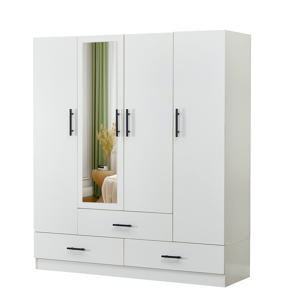 71" H White Armoire Wardrobe Closet with 4 Doors, Storage Drawers & Hanging Rod | 63" W Bedroom Storage Cabinet - PRHOMZ