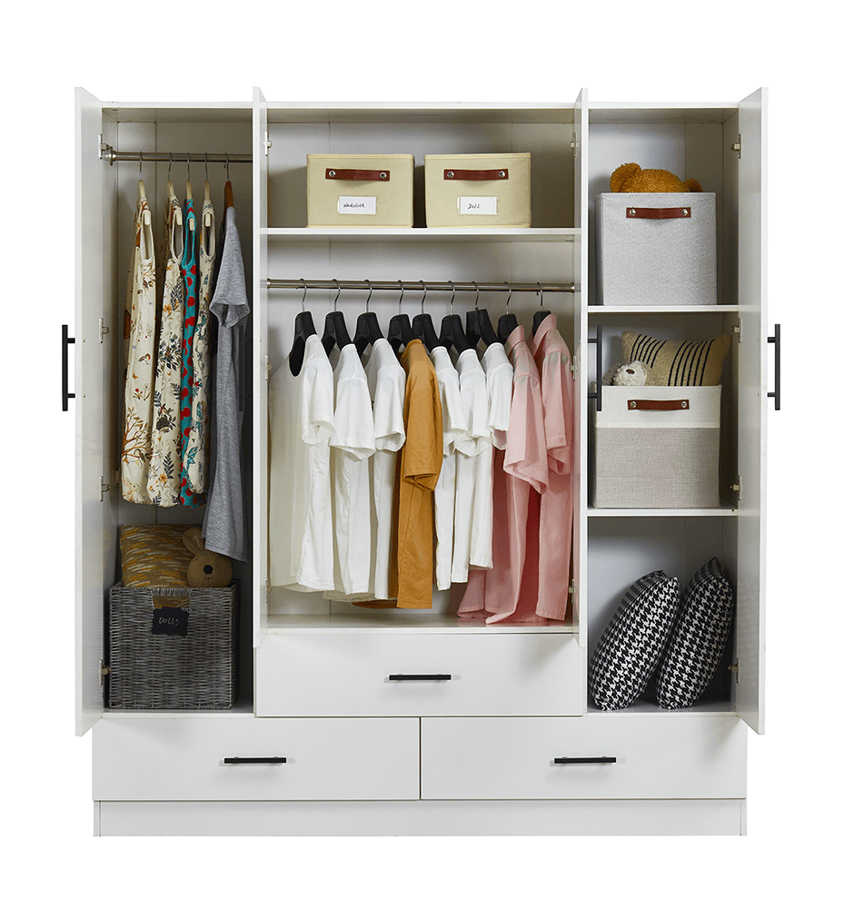 71" H White Armoire Wardrobe Closet with 4 Doors, Storage Drawers & Hanging Rod | 63" W Bedroom Storage Cabinet - PRHOMZ