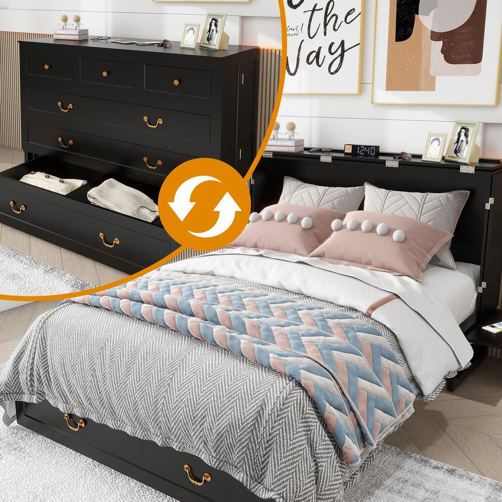 Black Full Murphy Bed Cabinet with Storage, Drawer & USB Charging Port - PRHOMZ