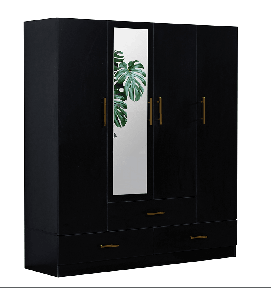 4-Door Wooden Armoire Wardrobe Closet with Mirror, Shelves & Hanging Rail | Black Large Capacity Clothes Storage - PRHOMZ