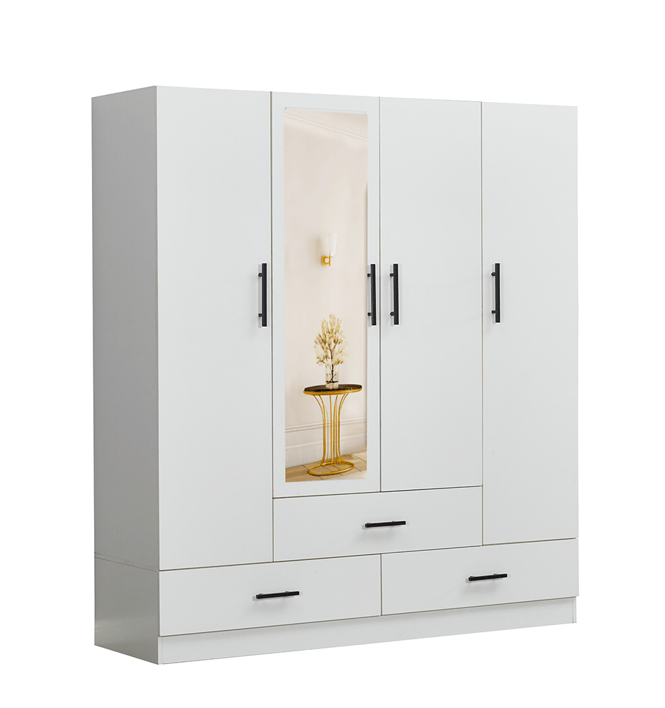 71" H White Armoire Wardrobe Closet with 4 Doors, Storage Drawers & Hanging Rod | 63" W Bedroom Storage Cabinet - PRHOMZ