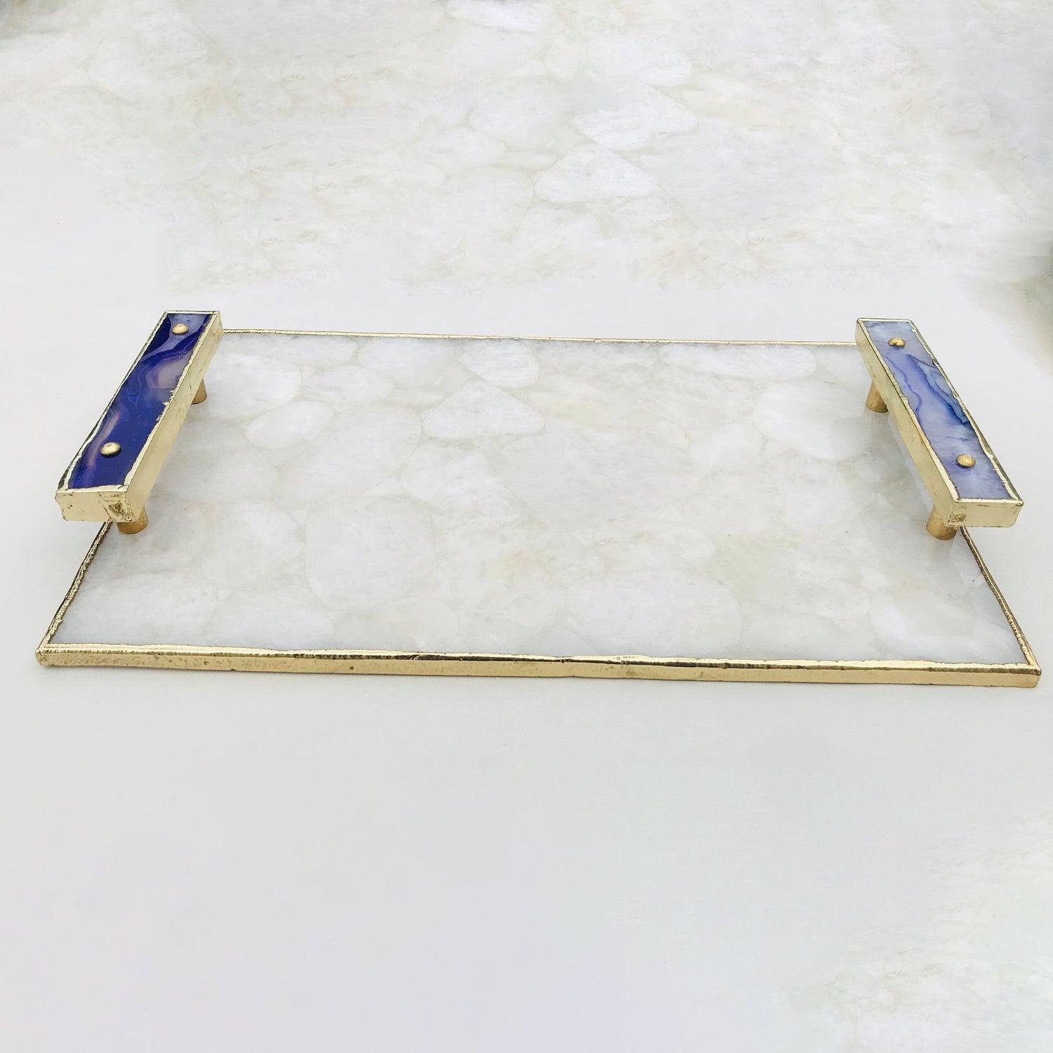 White Crystal Agate Plated Serving Tray With Purple Agate/Onyx Handles/Personalised Momentos/Sign Boards - PRHOMZ