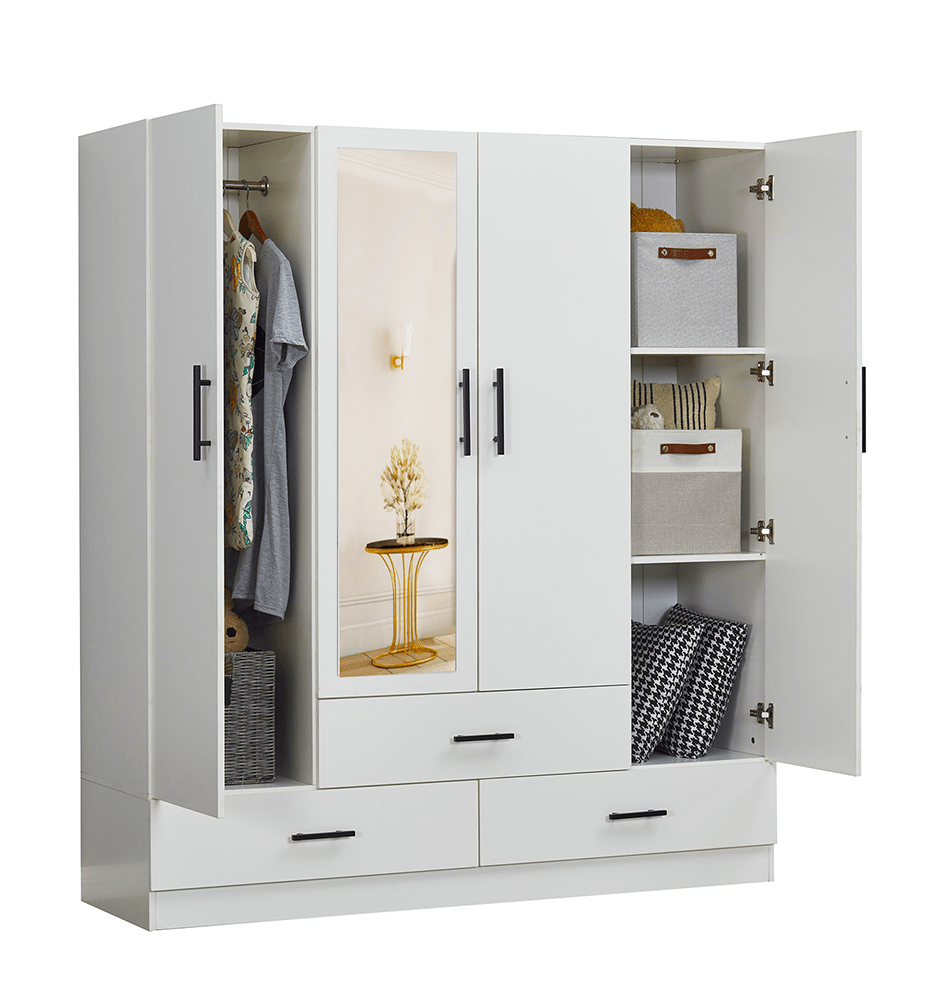 71" H White Armoire Wardrobe Closet with 4 Doors, Storage Drawers & Hanging Rod | 63" W Bedroom Storage Cabinet - PRHOMZ