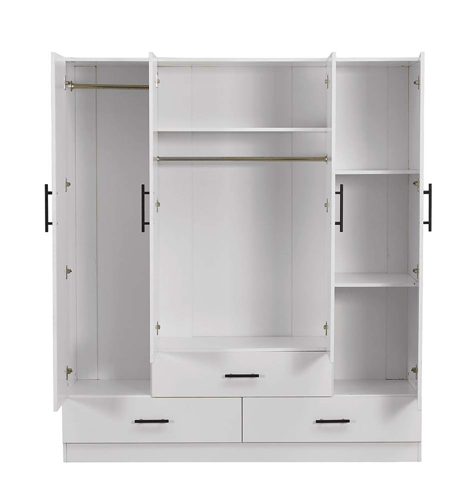 71" H White Armoire Wardrobe Closet with 4 Doors, Storage Drawers & Hanging Rod | 63" W Bedroom Storage Cabinet - PRHOMZ