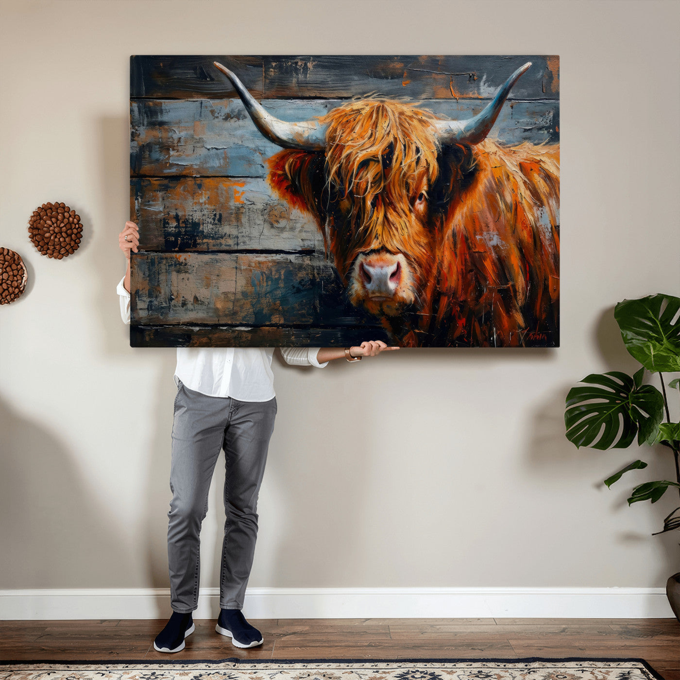 Highland Cow Wall Art Canvas Print, Abstract Rustic Farm