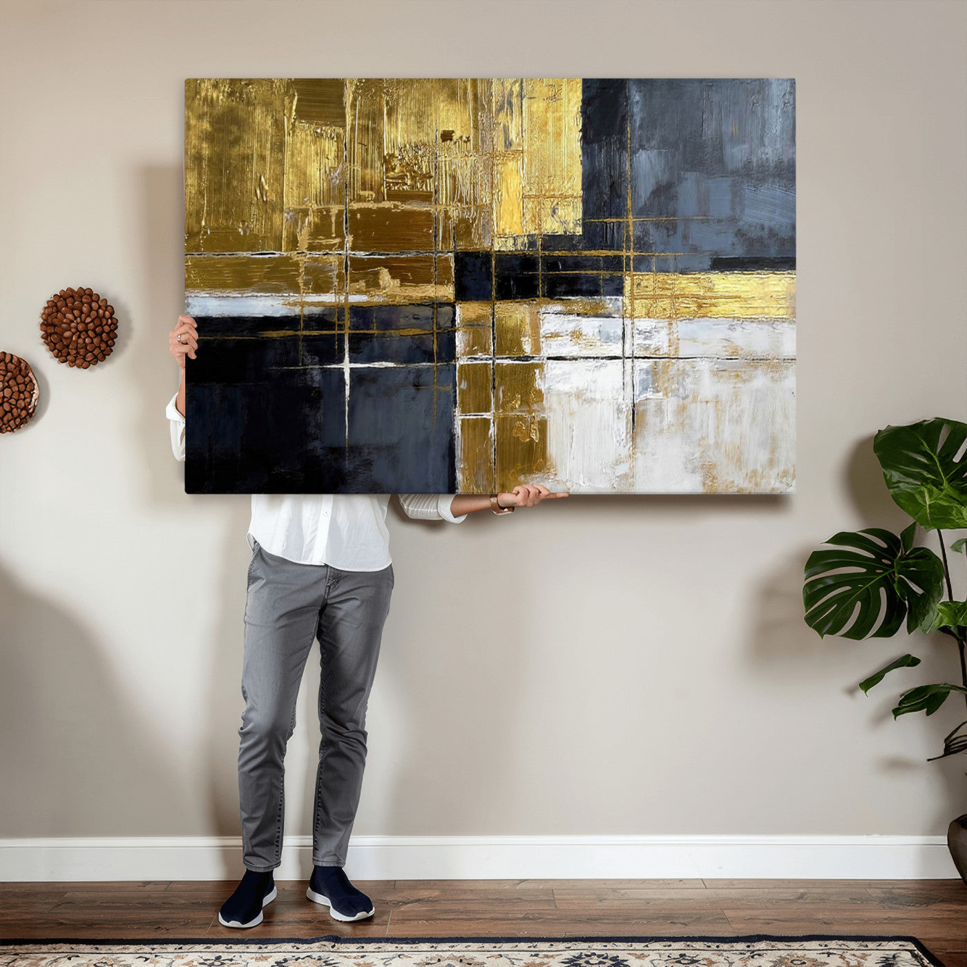 Gold Navy Abstract Wall Art Canvas Print, Modern Luxury