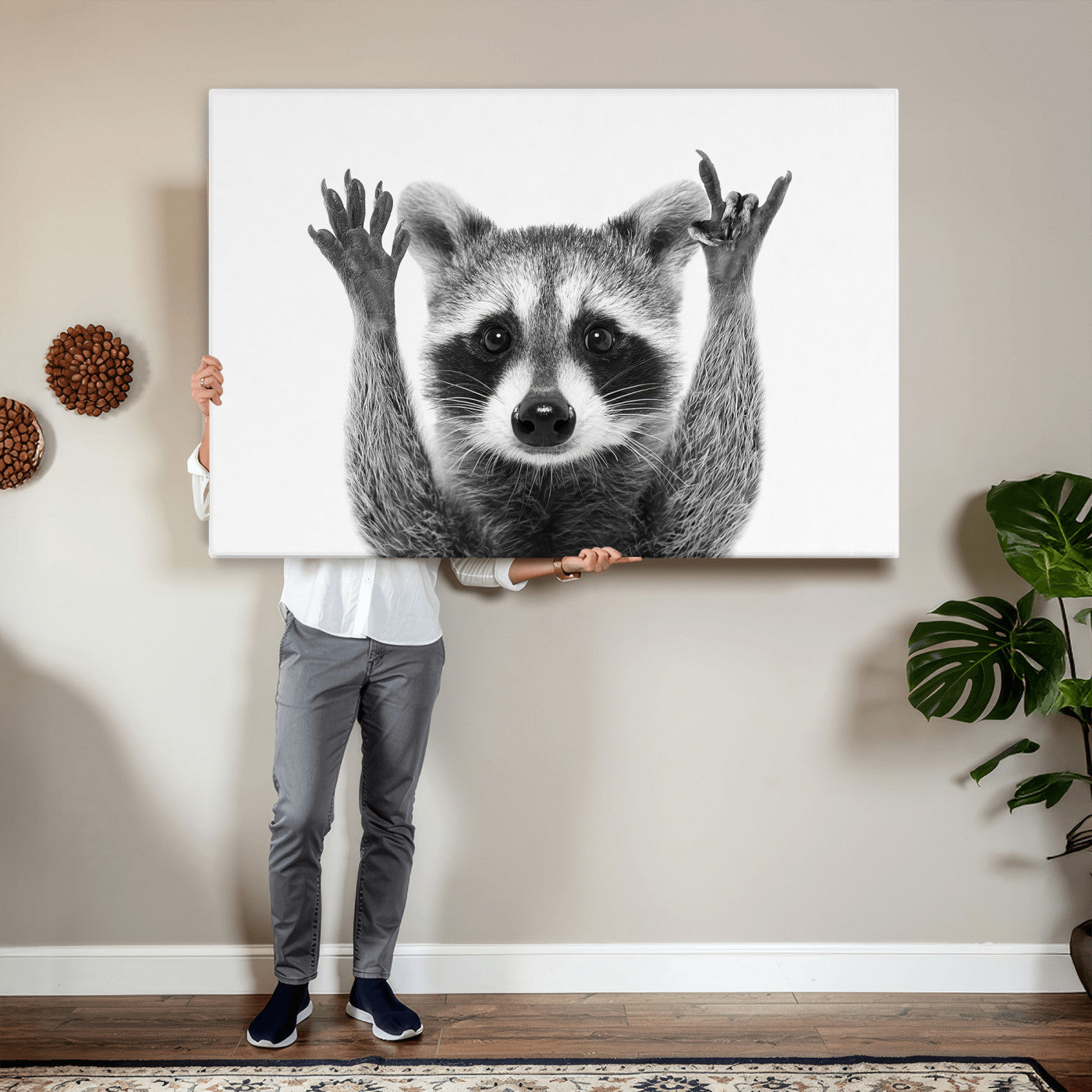 Funny Raccoon Canvas Wall Art, Black White Hands Up Animal Photo Print, Humorous Wildlife Decor, Kids Room Nursery Art, Quirky Animal Gift