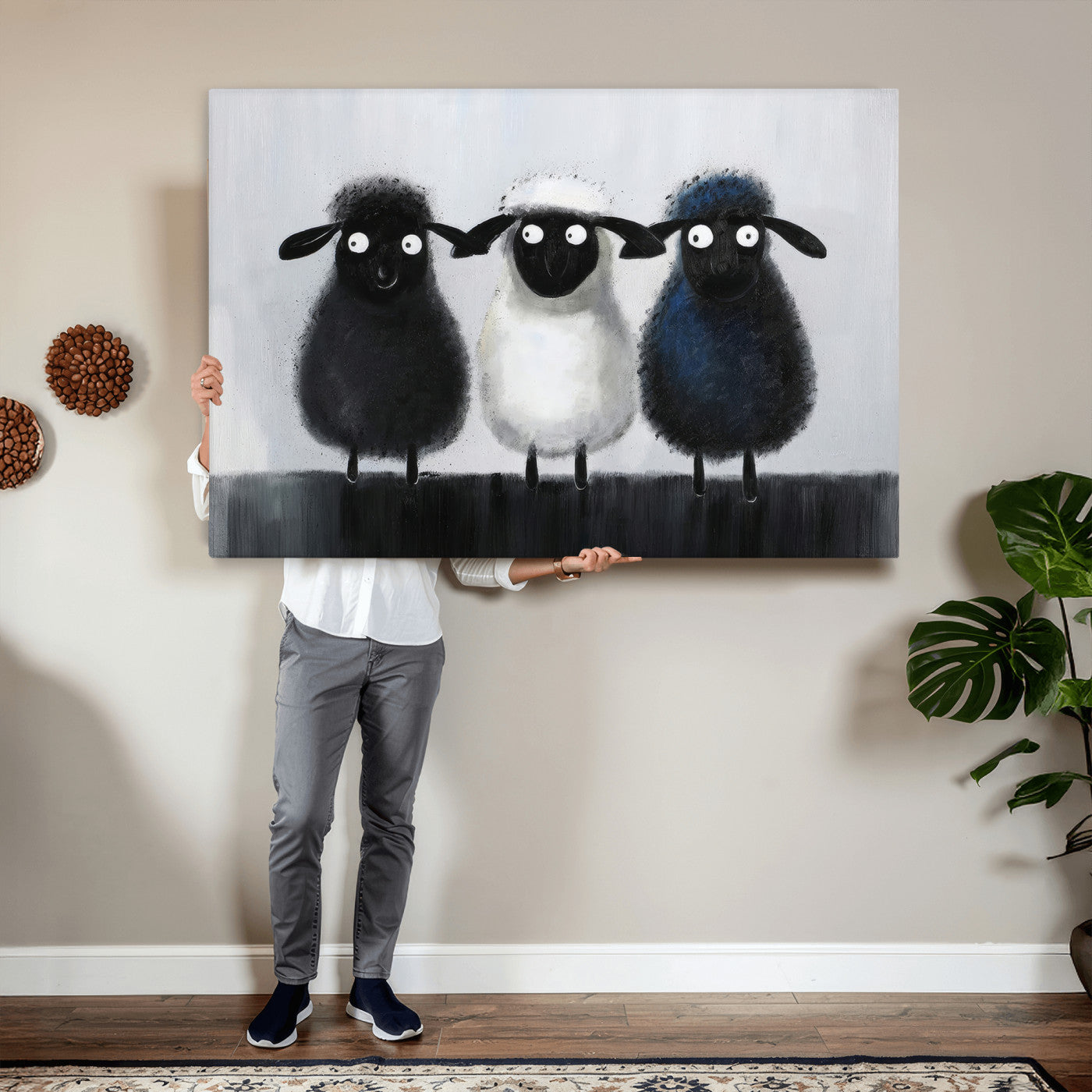 Funny Sheep Canvas Wall Art, Three Quirky Sheep Painting Print, Cute Animal Nursery Decor, Black White Navy Farmhouse Art, Kids Room Gift