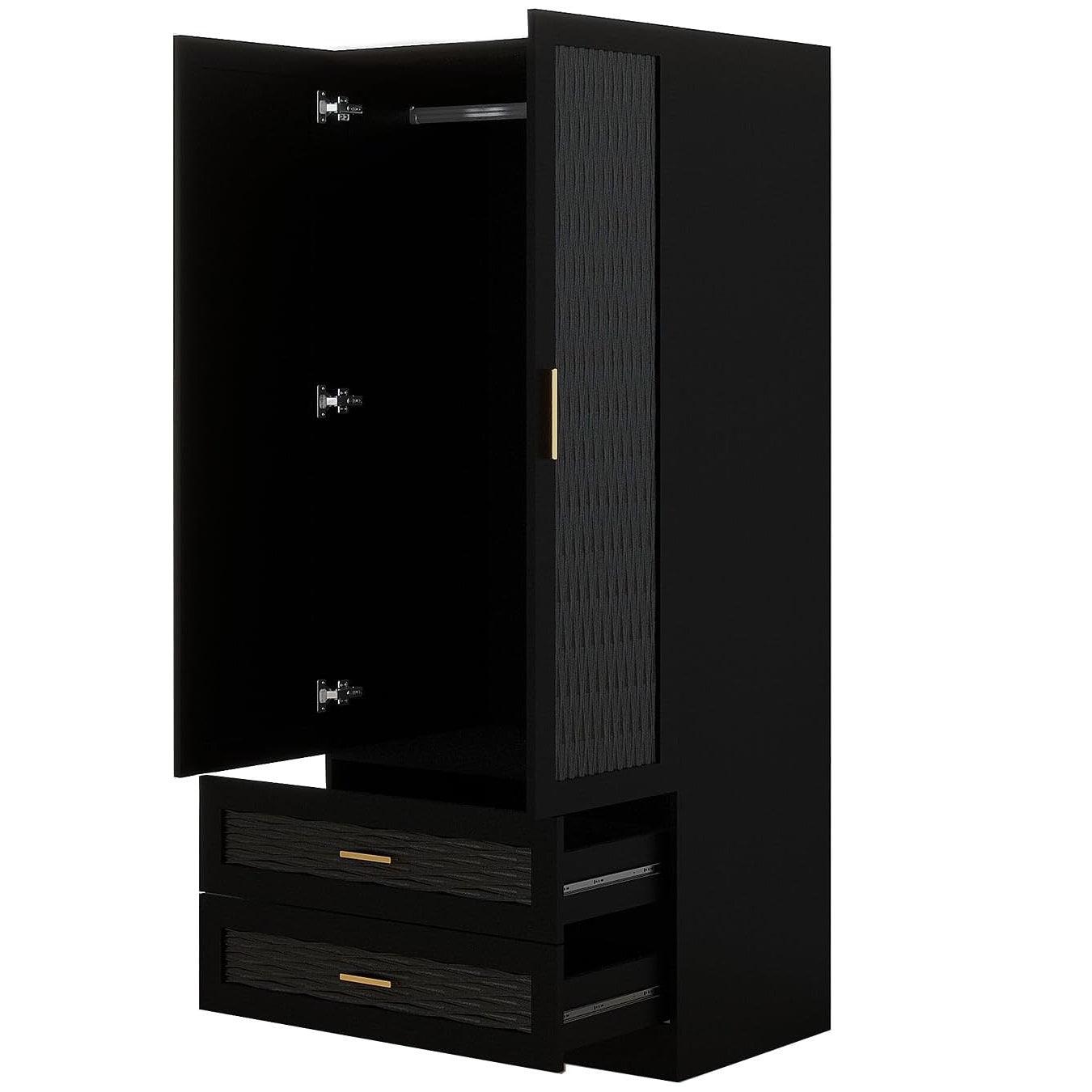 Modern Black Wooden Armoire Wardrobe with Mirror, 2 Doors, Drawers & Shelving | Large Capacity Closet for Bedroom - PRHOMZ