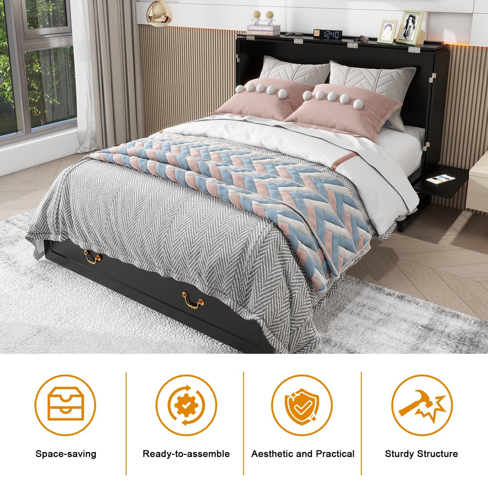 Black Full Murphy Bed Cabinet with Storage, Drawer & USB Charging Port - PRHOMZ