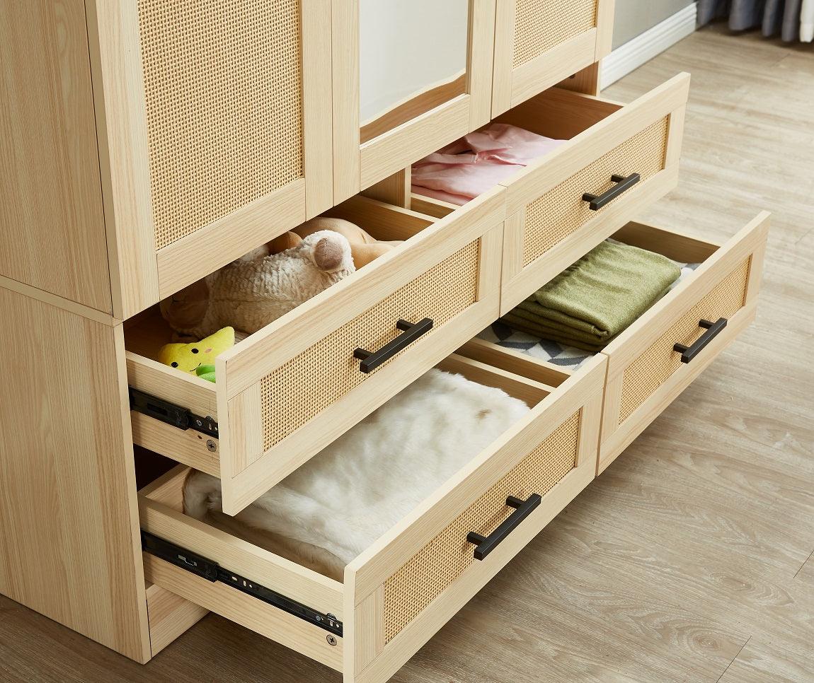 Rattan Wardrobe Closet with 3 Doors & Mirror | 71" H Wooden Armoire Cabinet with Hanging Rod for Bedroom - PRHOMZ