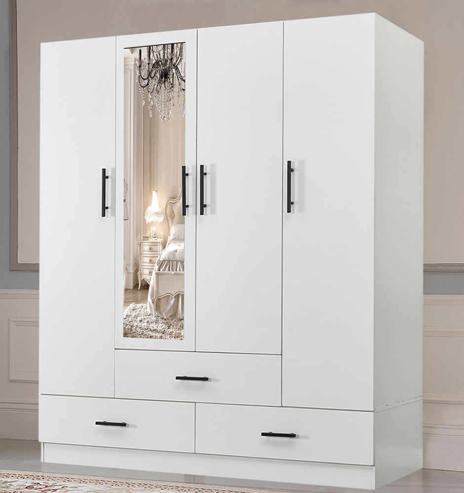 71" H White Armoire Wardrobe Closet with 4 Doors, Storage Drawers & Hanging Rod | 63" W Bedroom Storage Cabinet - PRHOMZ