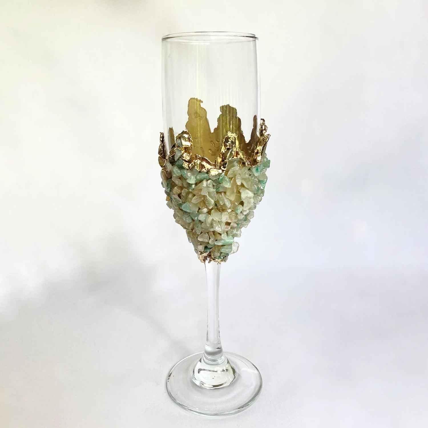 Set of 2 |Crystal Wine/Champagne Glasses with Gold Plated Light Green Agate/Quartz Semi-precious Crystals | 7 oz/215 ml - PRHOMZ