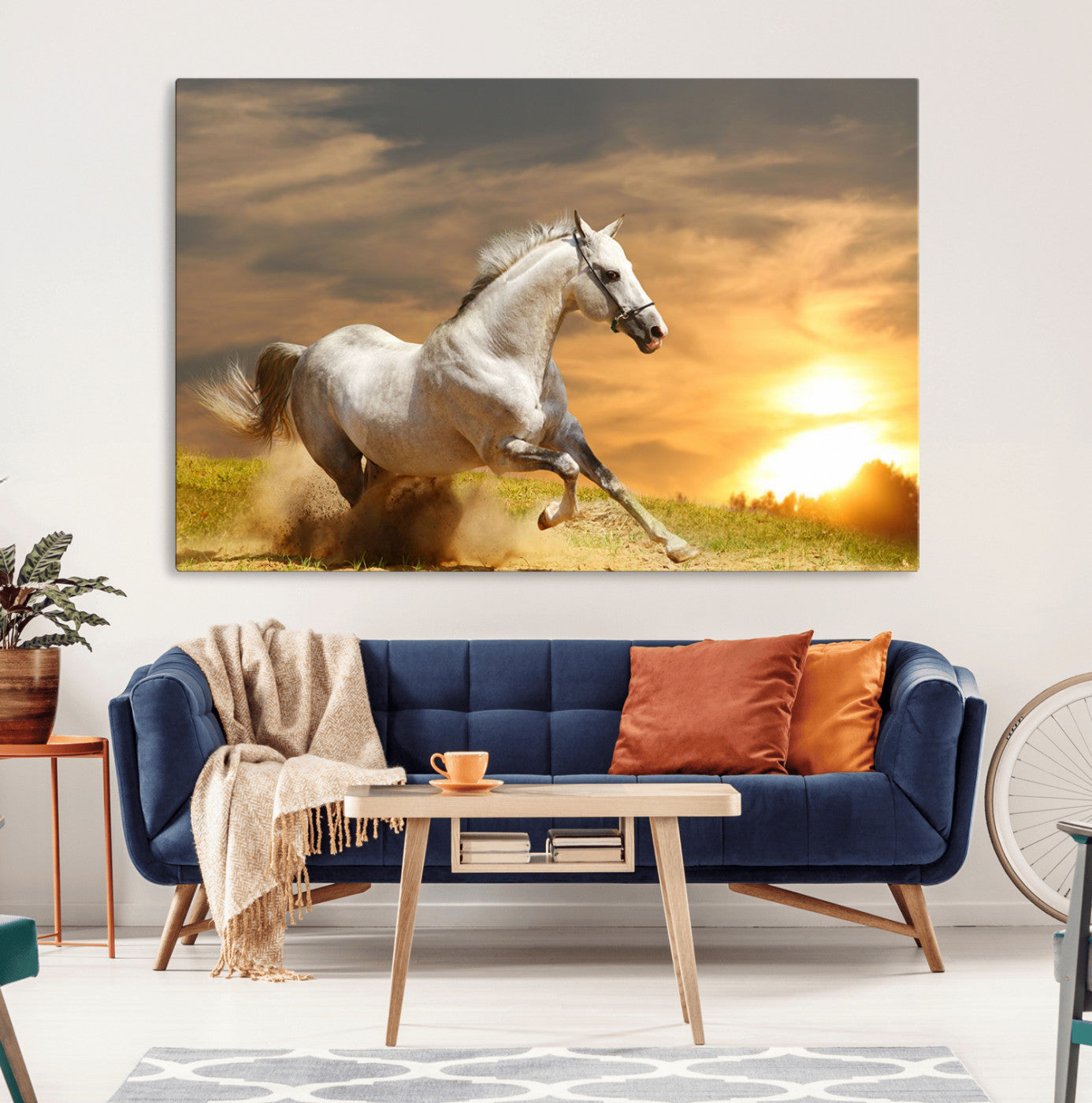 White Horse Running Canvas Sunset Wall Art