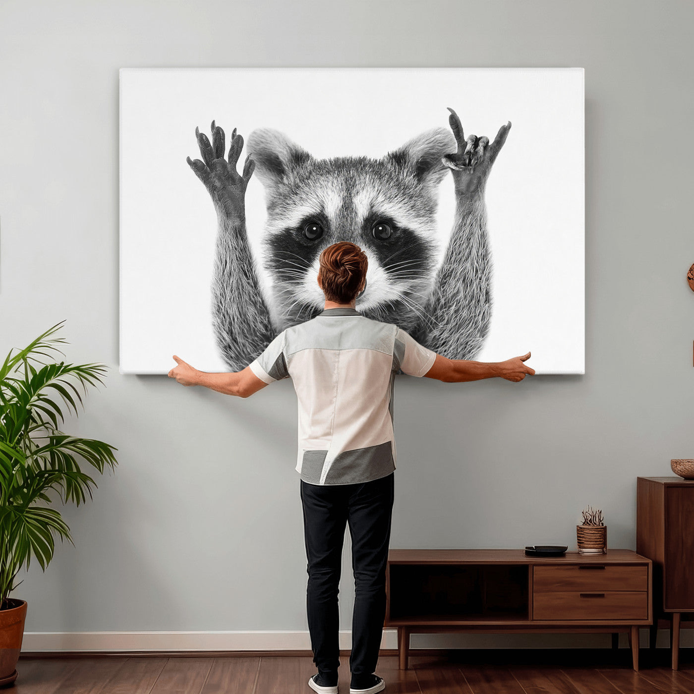 Funny Raccoon Canvas Wall Art, Black White Hands Up Animal Photo Print, Humorous Wildlife Decor, Kids Room Nursery Art, Quirky Animal Gift