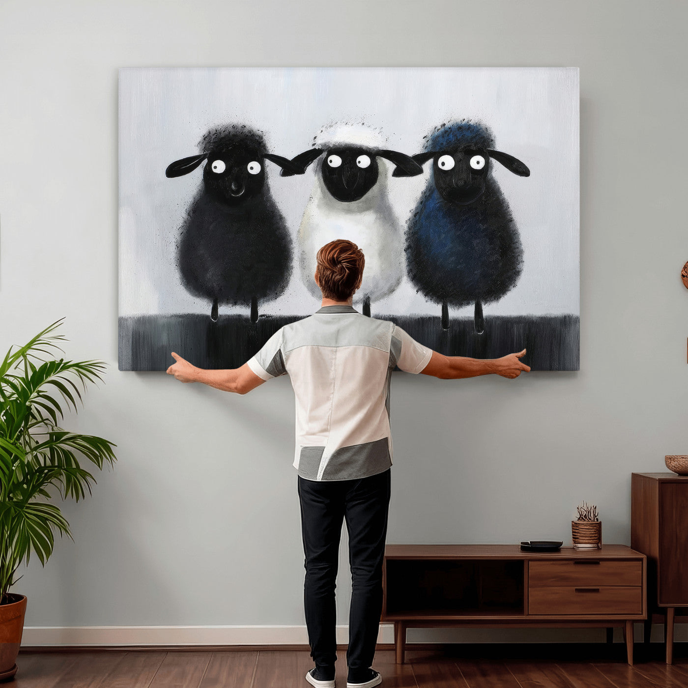 Funny Sheep Canvas Wall Art, Three Quirky Sheep Painting Print, Cute Animal Nursery Decor, Black White Navy Farmhouse Art, Kids Room Gift