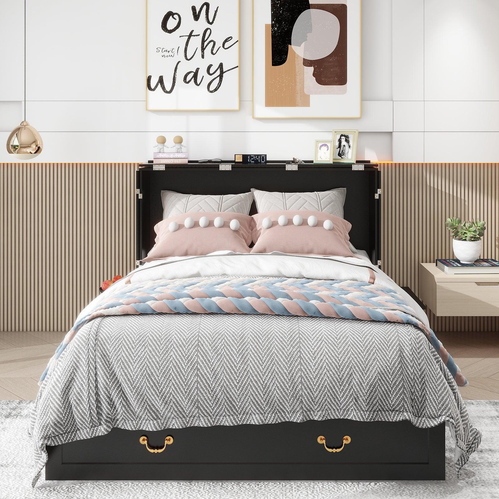 Black Full Murphy Bed Cabinet with Storage, Drawer & USB Charging Port - PRHOMZ