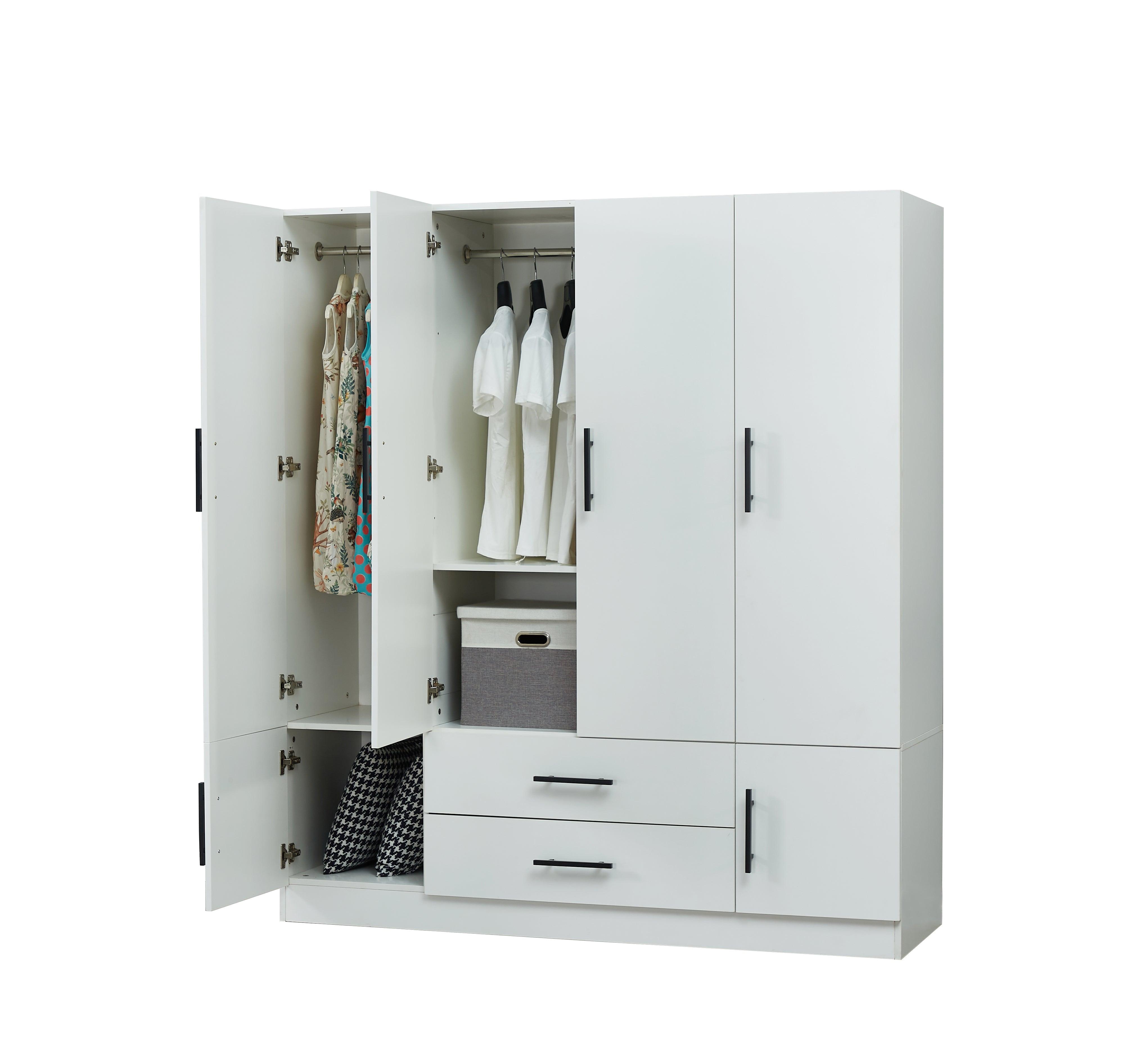 Spacious Armoire Wardrobe Closet with 4 Doors, 2 Hanging Rods & Drawers | White Wood Clothes Storage Cabinet - PRHOMZ