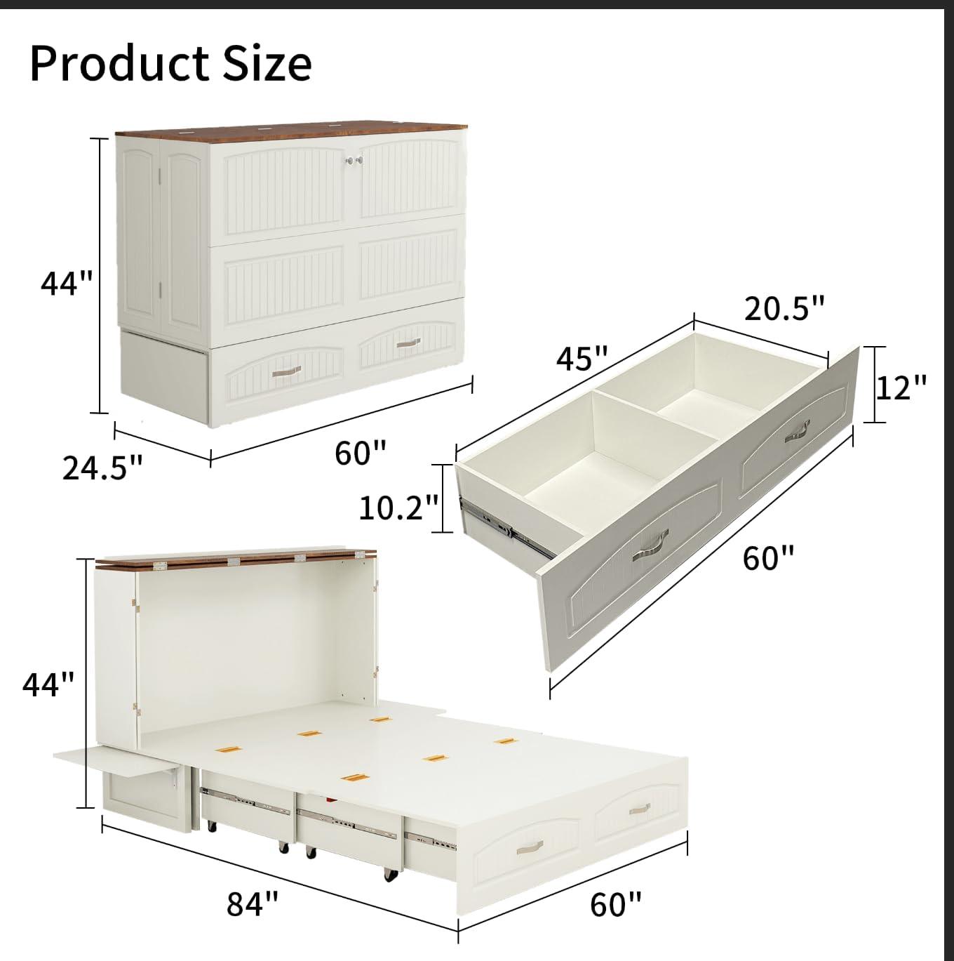 Queen Murphy Bed Cabinet with Storage, USB Ports & Drawer - PRHOMZ