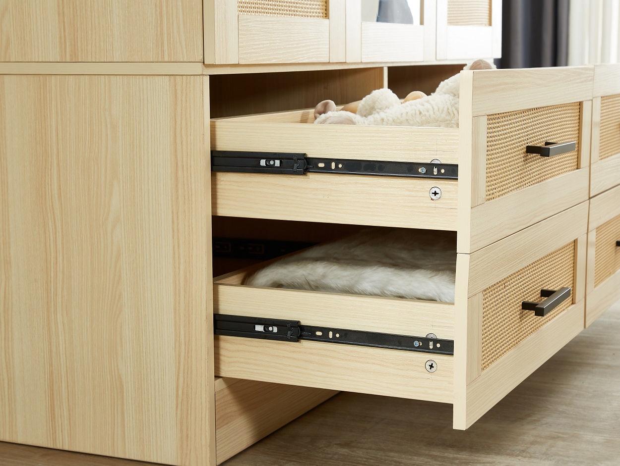 Rattan Wardrobe Closet with 3 Doors & Mirror | 71" H Wooden Armoire Cabinet with Hanging Rod for Bedroom - PRHOMZ