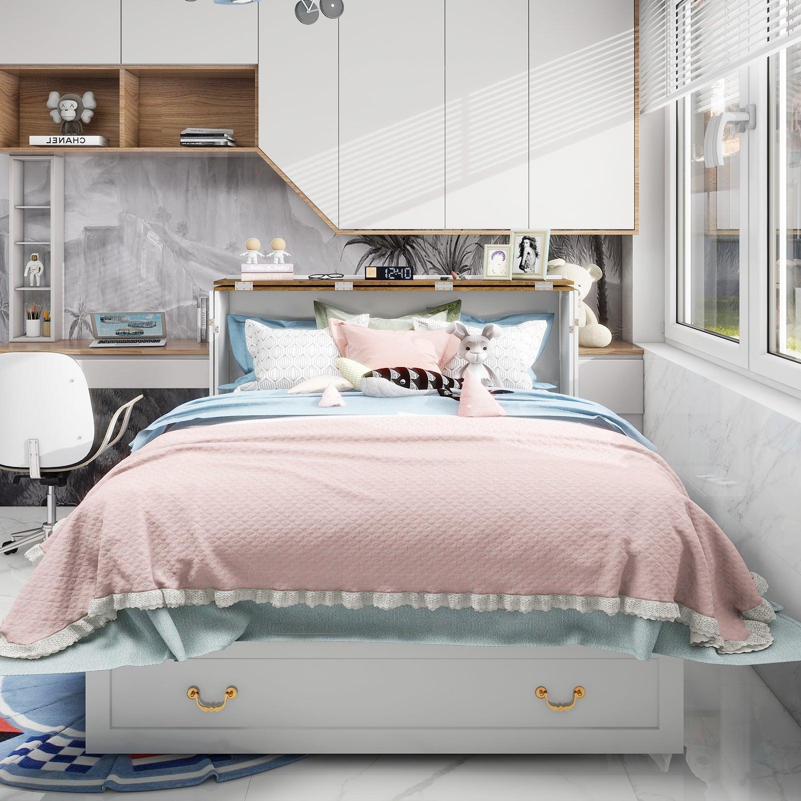 Queen Murphy Bed Cabinet with Storage, USB Ports & Foldable Design - PRHOMZ