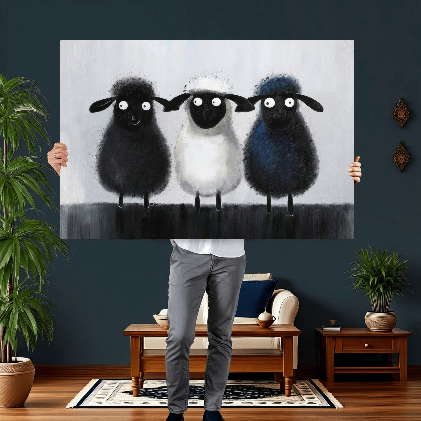 Funny Sheep Canvas Wall Art, Three Quirky Sheep Painting Print, Cute Animal Nursery Decor, Black White Navy Farmhouse Art, Kids Room Gift