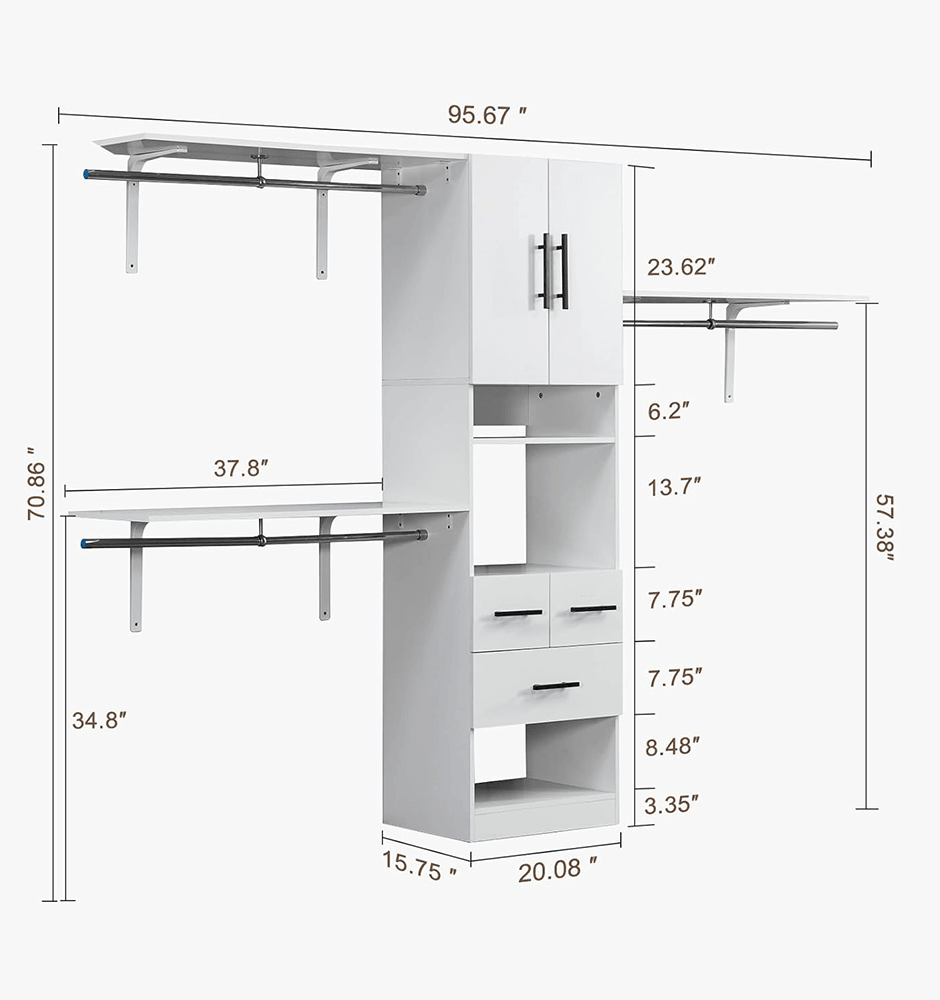 8FT White Closet Organizer System with Shelves, Towers, 3 Drawers & Hanging Rods - Built-In Oak Closet Storage Cabinet for Bedroom - PRHOMZ