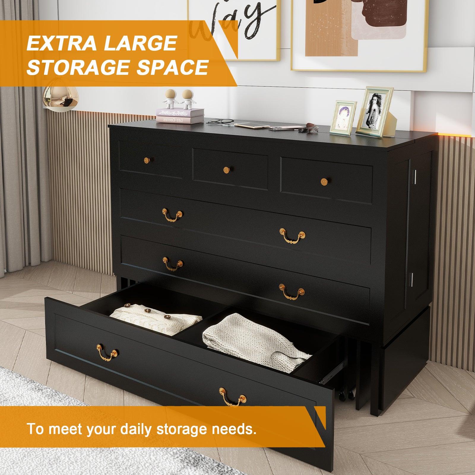 Black Full Murphy Bed Cabinet with Storage, Drawer & USB Charging Port - PRHOMZ