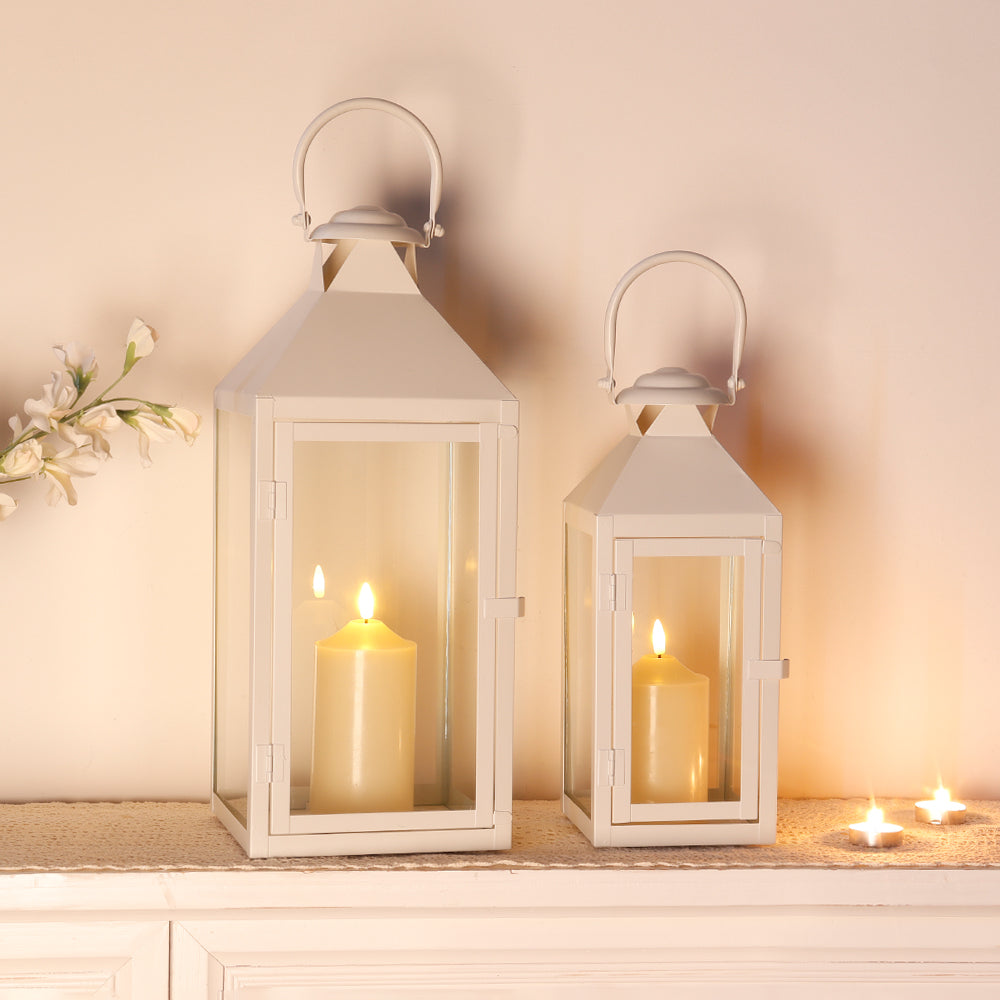 17.5"&13.5"Set of 2 Metal Candle Lanterns(White)-3