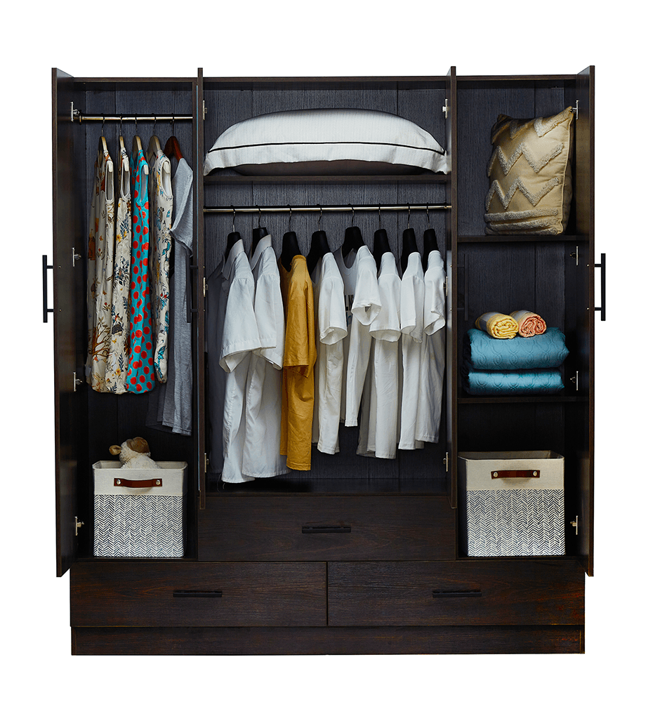 71" H Wooden Armoire Wardrobe Closet with Mirror, 4 Doors, Drawers & Shelves | 63" W Bedroom Storage Cabinet - PRHOMZ