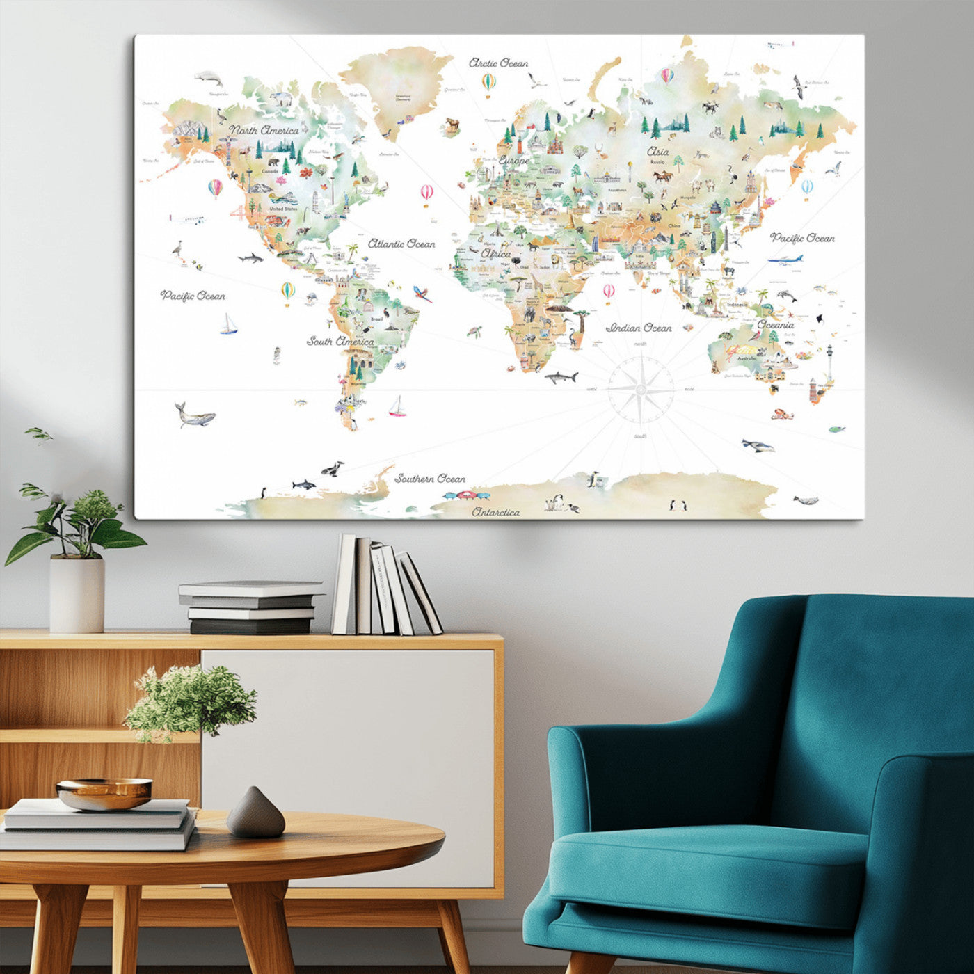 Animal World Map for Kids Room Decor