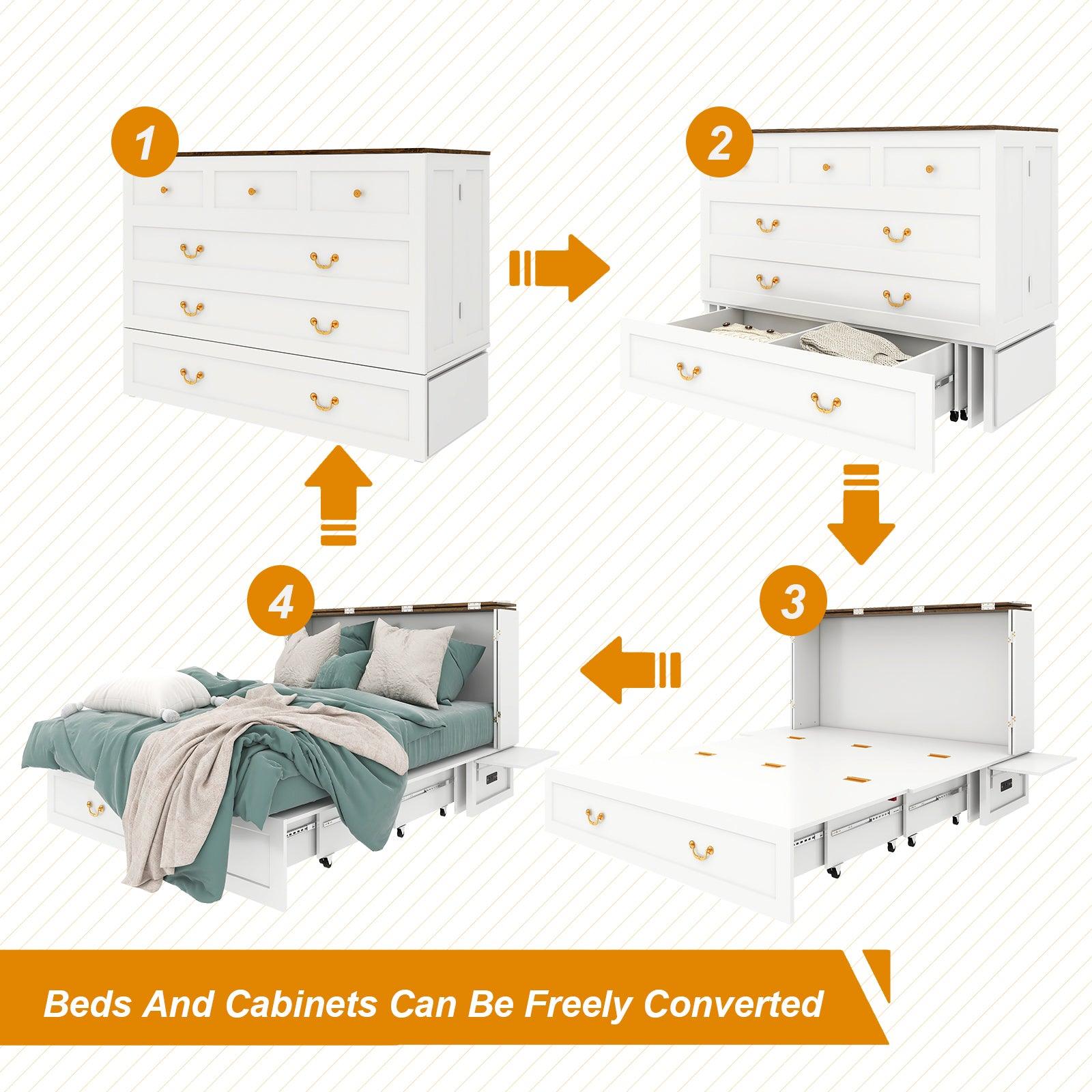 Queen Murphy Bed Cabinet with Storage, USB Ports & Foldable Design - PRHOMZ