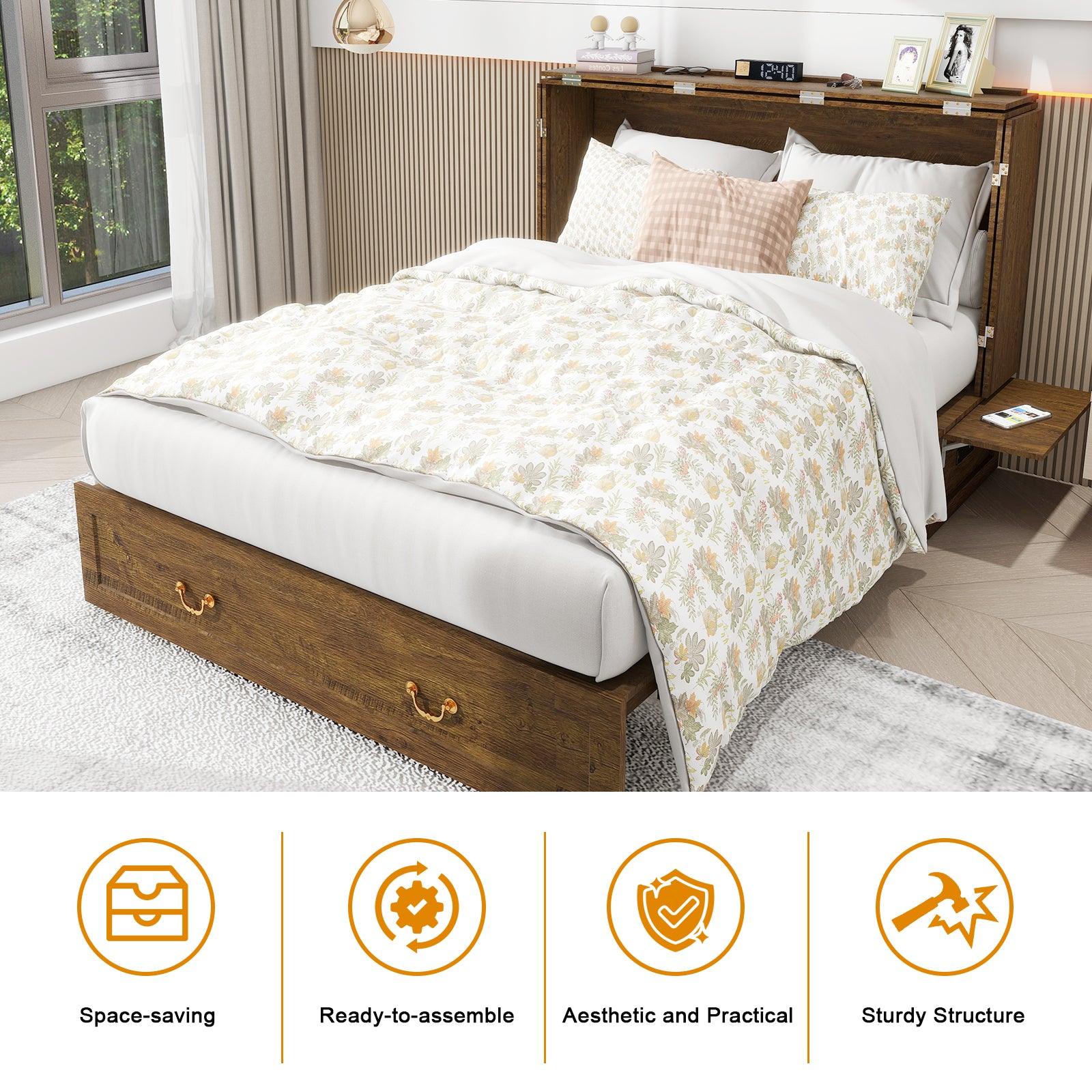 Full-Size Murphy Bed Cabinet with Storage & Drawers - PRHOMZ