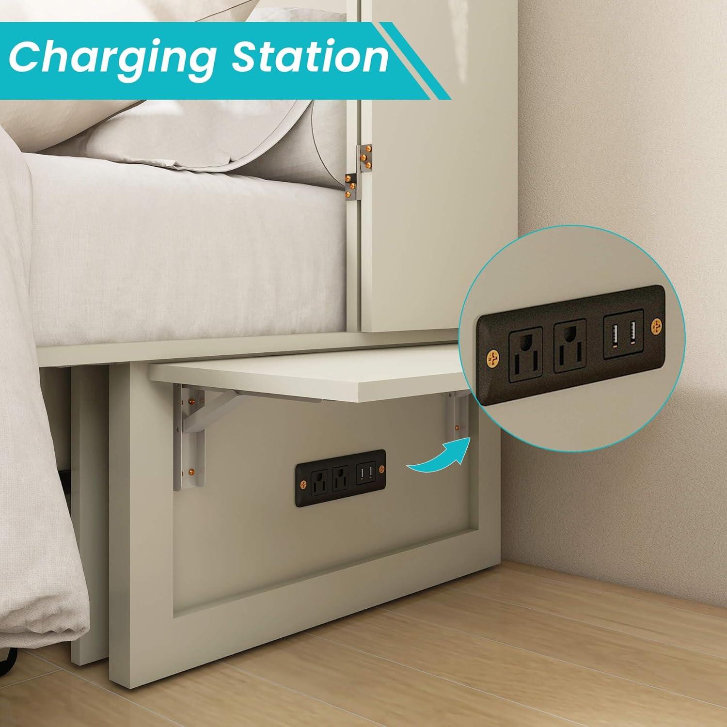 Queen Murphy Bed Cabinet with Storage, USB Ports & Drawer - PRHOMZ