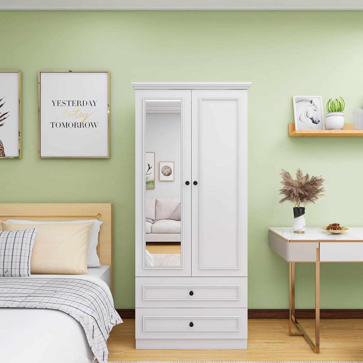 White Wooden Armoire Wardrobe – 2-Door Closet with Mirror, Hanging Rods, Drawers & Shelves for Bedroom - PRHOMZ
