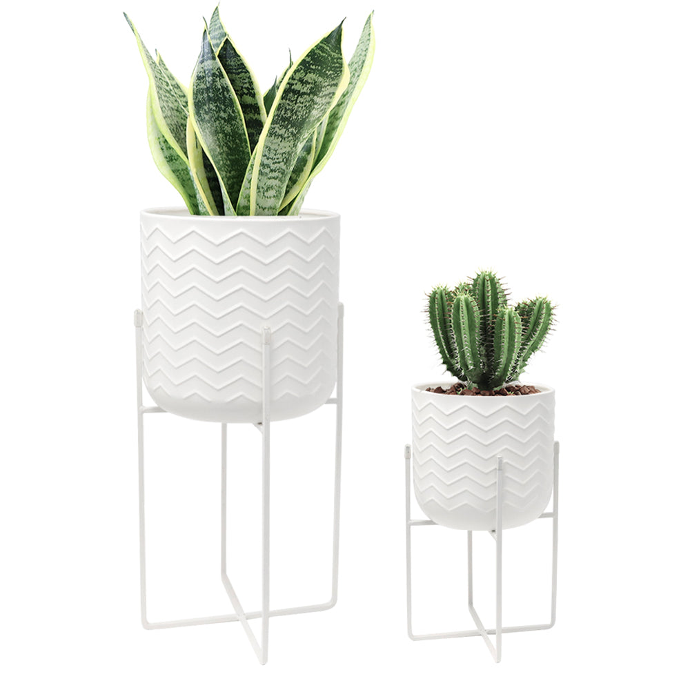 Set of 2 Planters With Stand 17&12 " Tall Flower Pots (Bright White)-4
