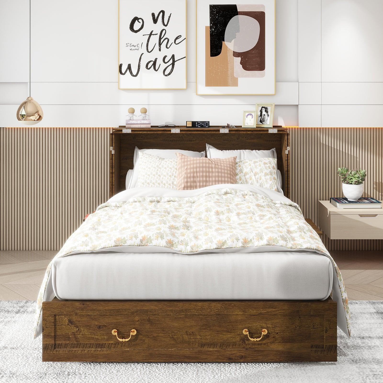 Full-Size Murphy Bed Cabinet with Storage & Drawers - PRHOMZ