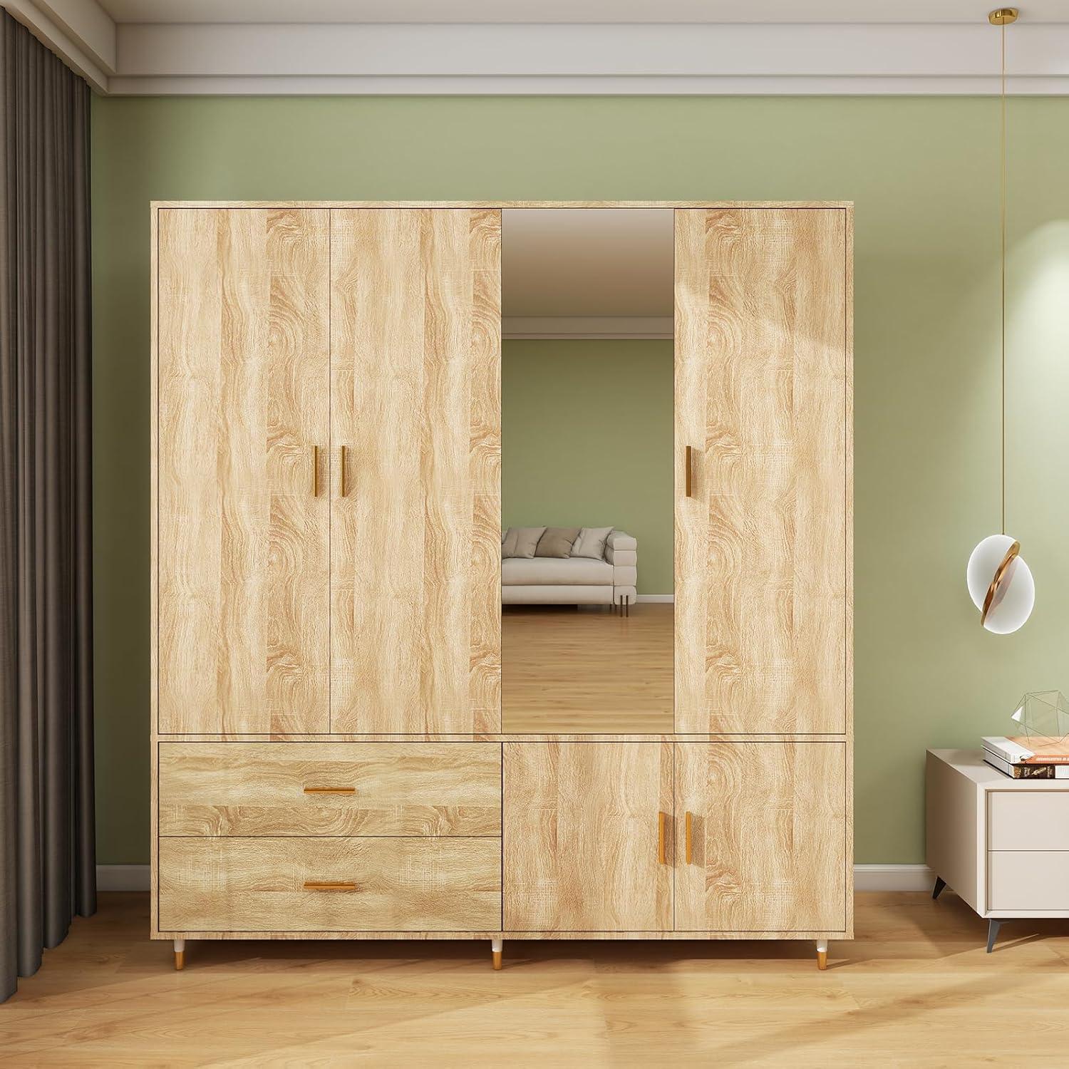 Oak Wooden Armoire Wardrobe – 4-Door Storage Cabinet with Mirror, Hanging Rods, Drawers & Shelves - PRHOMZ
