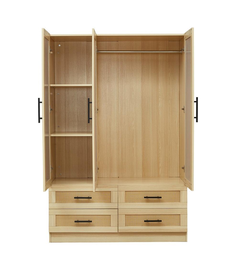 Rattan Wardrobe Closet with 3 Doors & Mirror | 71" H Wooden Armoire Cabinet with Hanging Rod for Bedroom - PRHOMZ